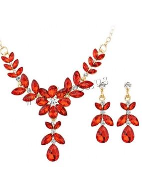 Gold-Tone Red Crystal Floral Necklace & Earring Set FINAL PRICE DROP